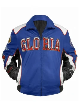 Front view of a Super Bowl 2025 Halftime Show Gloria Blue Jacket with a secure closure and vibrant blue finish.