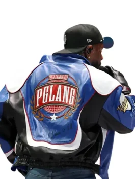 A premium leather Super Bowl 2025 Halftime Show Gloria Blue Jacket with a sleek and glossy texture.