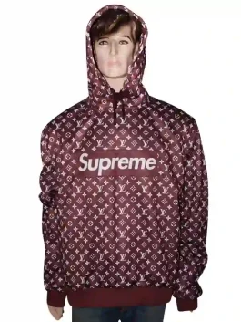 Front view of a Louis Vuitton Supreme Hoodie with the classic box logo and monogram print.