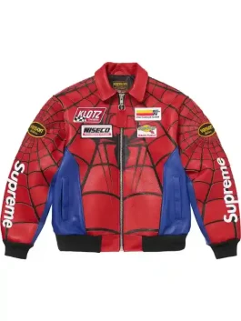 Front view of the Supreme Spider Man Jacket with a secure fit and vibrant superhero colors.