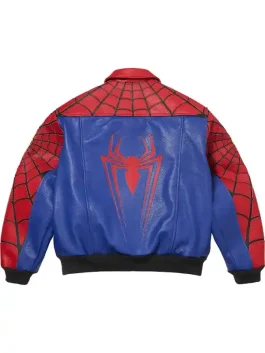 Back profile of the Supreme Spider Man Jacket showing the detailed web patterns and sleek texture.