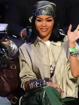 Front view of a Teyana Taylor NBA All-Star Game Jacket in a clean beige color.