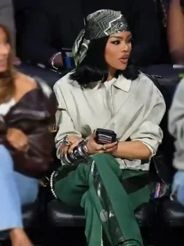 A professional Teyana Taylor NBA All-Star Game Jacket featuring a shirt style collar and zipper closure.