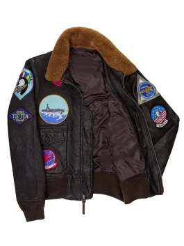 A Top Gun Maverick Flight Jacket in a rich brown hue with a vintage weathered texture.