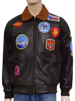 Front view of a Top Gun Maverick Flight Jacket with a secure zip closure and rib knit waist.