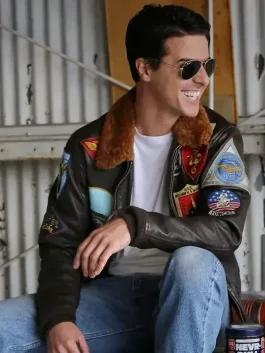 Top Gun Maverick Flight Jacket featuring great aviation patches and a durable brown leather finish for fans.