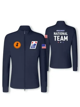 A navy US Figure Skating Save The Duck Jacket featuring the national team shield and zip tab.