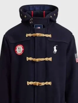 A navy blue USA Winter Olympics 2026 Toggle Coat with a soft hood and traditional closures.