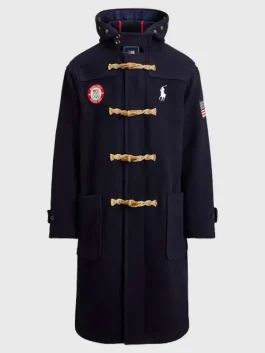 Front view of a USA Winter Olympics 2026 Toggle Coat with a secure hood and deep pockets.