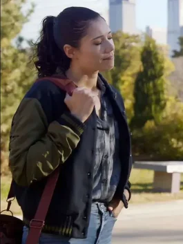 A Violet Mikami Varsity Jacket with a smooth texture and high quality contrast sleeves.