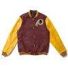 A stylish Washington Redskins Brown and Yellow Varsity Jacket with a traditional button front design.