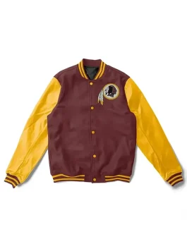 A stylish Washington Redskins Brown and Yellow Varsity Jacket with a traditional button front design.