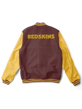 Back view of a Washington Redskins Brown and Yellow Varsity Jacket showing the team colors and athletic hem.