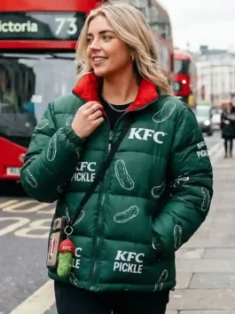 A vibrant KFC Pickle Jacket Green showcasing the insulated parachute material and integrated hooded style.