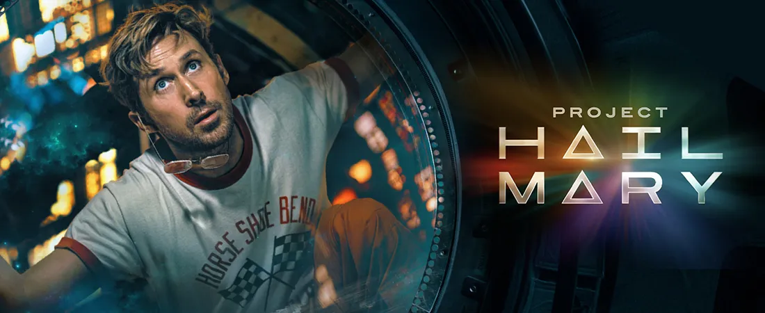 Ryan Gosling in a tense space scene from Project Hail Mary movie promotional image