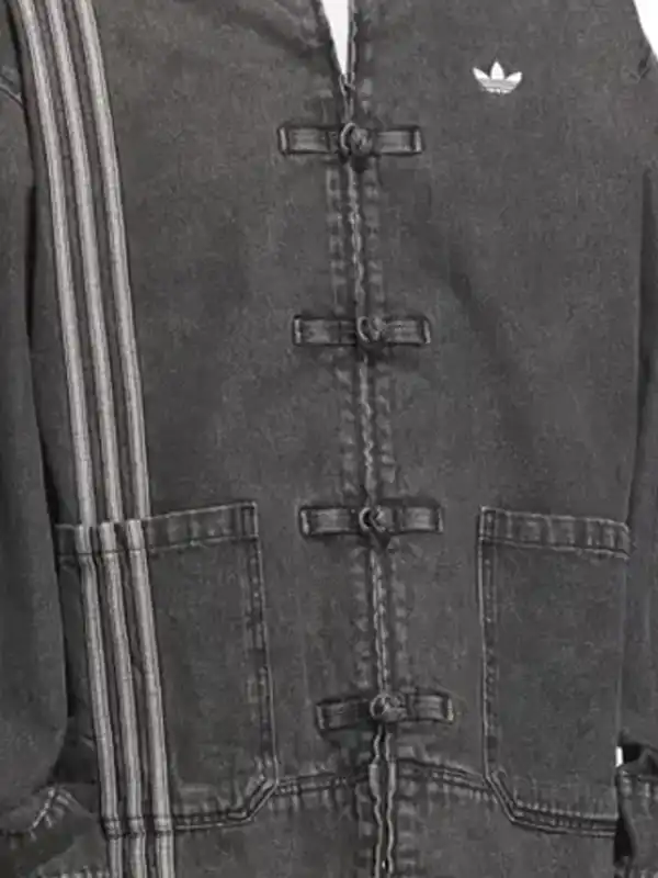 Adidas Chinese New Year Denim Jacket in dark grey denim featuring toggle closure, stand-up collar, and relaxed fit