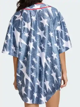 The back view of the Adidas Denim Graphic Baseball Jersey highlighting the symmetrical stitching and sporty fit.