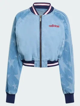 The Denim Graphic Varsity Bomber Jacket featuring rib knitted cuffs and a precision hemline for a perfect fit.