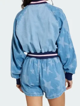 The back view of the Denim Graphic Varsity Bomber Jacket showing the full length sleeves and consistent star print.