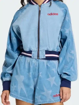 Front profile of the Denim Graphic Varsity Bomber Jacket featuring a secure zipper closure and premium blue denim.