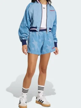 A stylish Denim Graphic Varsity Bomber Jacket designed with a modern relaxed fit and a soft viscose lining.