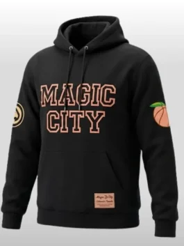Front view of the 2026 Atlanta Hawks Magic City Hoodie made from high quality fleece for a comfortable feel.