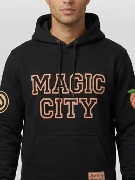 A detailed close up of the 2026 Atlanta Hawks Magic City Hoodie showing the rib knitted cuffs and precision fit.