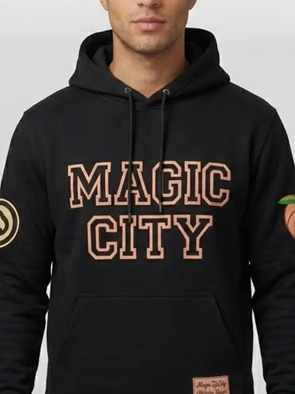 A detailed close up of the 2026 Atlanta Hawks Magic City Hoodie showing the rib knitted cuffs and precision fit.