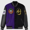 Batman X The Joker Split Varsity Jacket with leather sleeves and snap front closure