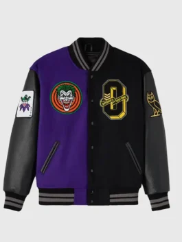 Batman X The Joker Split Varsity Jacket with leather sleeves and snap front closure
