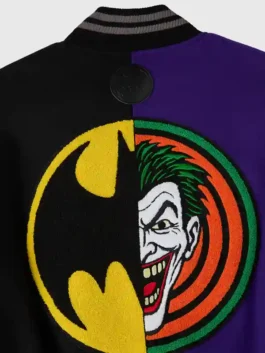 Batman X The Joker Split Varsity Jacket closeup showing patch detail and material finish