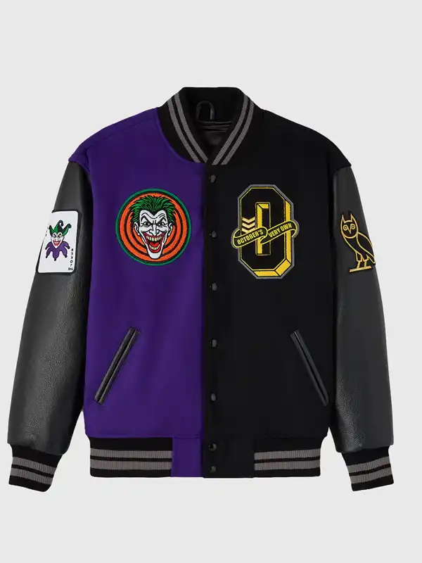 Batman X The Joker Split Varsity Jacket with leather sleeves and snap front closure