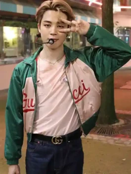 BTS Jimin Gucci Jacket in green satin with contrast detailing and a smart casual bomber jacket design.
