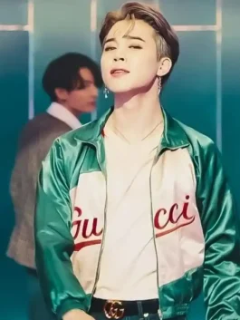 BTS Jimin Gucci Jacket in green satin with a sleek outer finish and stylish bomber-inspired structure.