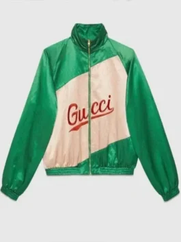 BTS Jimin Gucci Jacket front view in green satin with contrast details and a refined bomber jacket shape.