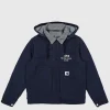 A professional Carhartt New Balance Hooded Jacket in navy blue featuring a soft viscose lining and a heroic aesthetic.