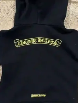 Chrome Hearts Kids Zip-up Black Hoodie with yellow sleeve graphics and hooded design