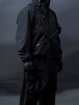 Drawbridge Death Stranding 2 Jacket closeup showing detailed black technical design