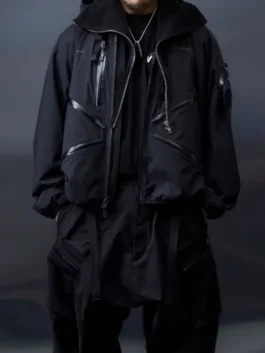 Drawbridge Death Stranding 2 Jacket front view in black with a futuristic hooded design