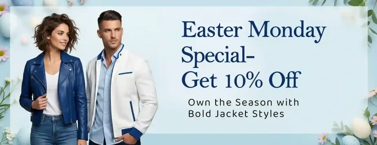 Couple wearing blue and white spring jackets for Easter Monday 10% off seasonal sale.