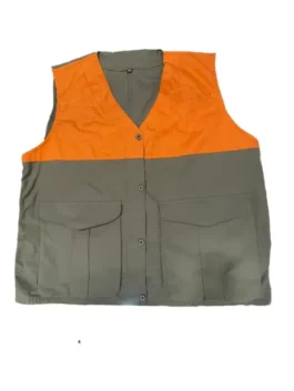 Filson Upland Hunting Vest in orange and tan with classic outdoor utility design