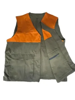 Filson Upland Hunting Vest in bright orange and tan with classic hunting style
