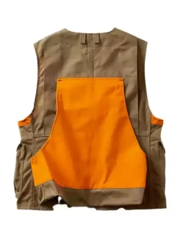 Filson Upland Hunting Vest back view in orange and tan with clean outdoor finish