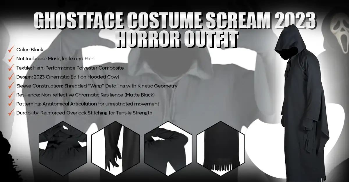 Ghostface Costume Scream Horror Outfit specifications guide showing key design and material details.