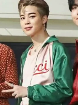 BTS Jimin Gucci Jacket in green with soft satin texture, front closure, and polished everyday styling.