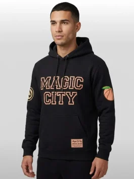 A premium black 2026 Atlanta Hawks Magic City Hoodie featuring a soft lining and a bold city graphic.