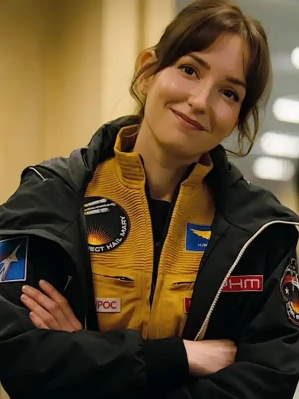 Project Hail Mary Milana Vayntrub Black Jacket made from parachute fabric with open hem cuffs and pockets.