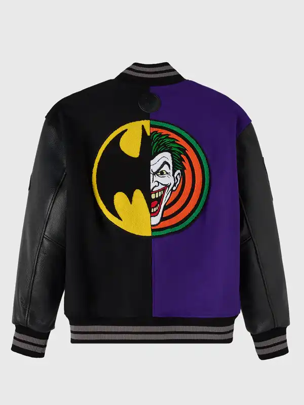 Batman X The Joker Split Varsity Jacket back view with purple black design and varsity fit