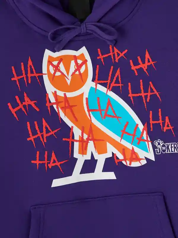 OVO The Joker Defaced Hoodie Violet with graphic front, hooded collar, and casual fit.