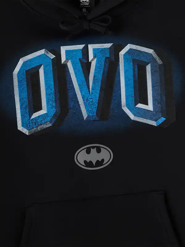 OVO X Batman 1989 Arch Hoodie front view in black with bold graphic fleece design